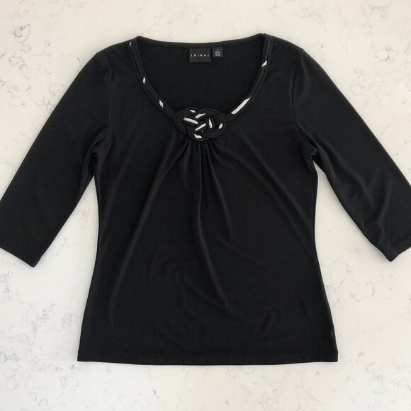 Tribal Scoop Neck 3/4 Sleeve Polyester Top w Knot Detail Black + White Sz S - Picture 1 of 9